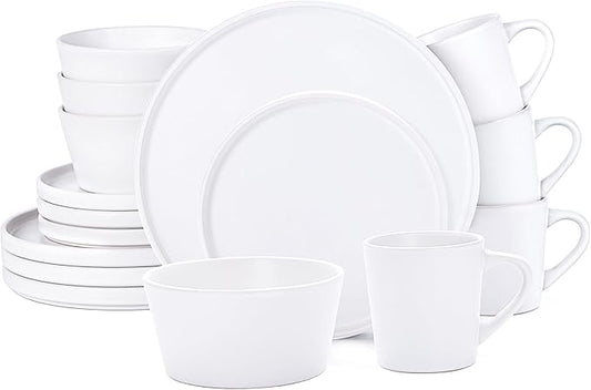 Plates and Bowls Sets for 4 - CJDC-QUELO 16 Piece Stoneware Dinnerware Sets with Mugs, Ceramic Dishware Sets for Kitchen Dining Use, Chip and Scratch Resistant Microwave Dishwasher Safe, White