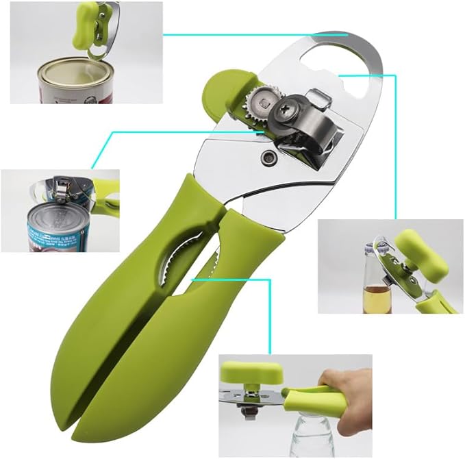 Can Opener Manual, Four in one designHeavy,Duty Handheld Strong Can Opener with Soft Touch Handle, Sharp Blade Smooth Edge, Can Openers with Multifunctional Bottle Opener, Green