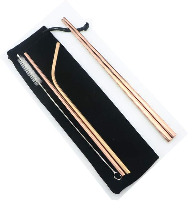 Gugrida Rose Gold Reusable Utensils with Case, Healthy & Eco-Friendly 8 Pieces Portable Stainless Steel Flatware Tableware Dinnerware Set, Portable Travel Camping Cutlery Knife Fork Spoon Straws Set
