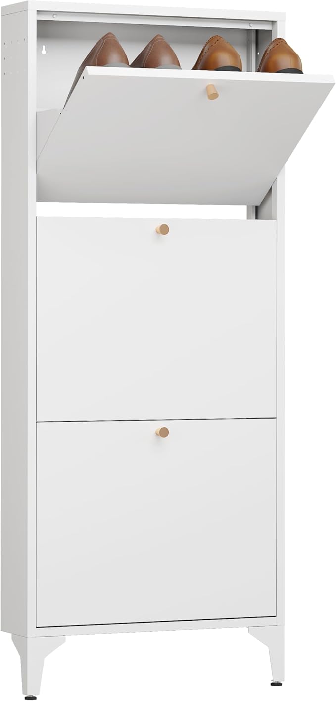 Shoe Cabinet with 3 Flip Drawers, 19" W Narrow Shoe Storage Cabinet, Farmhouse Shoe Organizer, Freestanding Organizer with Metal Legs for Entryway, Foyer (Narrow 3-Door, White)