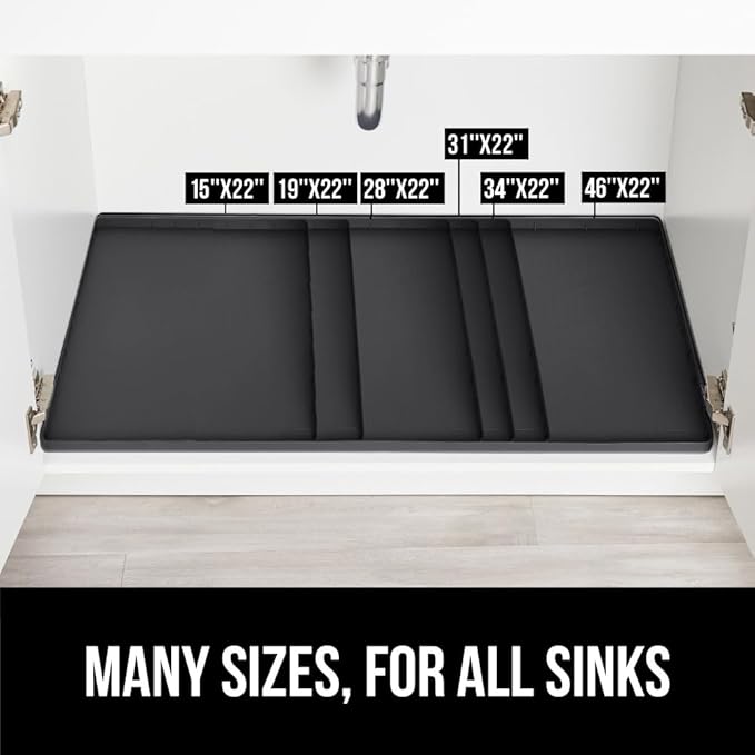 GORILLA GRIP Waterproof Silicone Under Sink Mat with Raised Lip for Kitchen and Bathroom, Cabinet Shelf Liner Stay in Place Mats Dishwasher Safe Drawer Liner, Organizer Tray, 19 x 22 in, Black