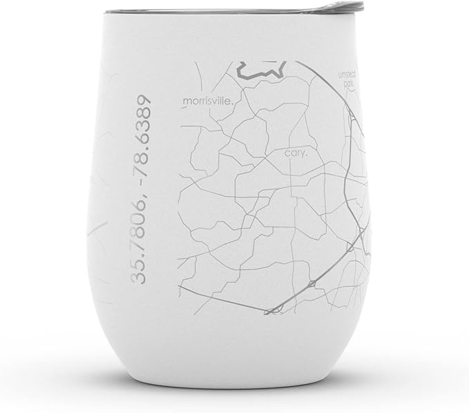 Well Told Engraved Raleigh North Carolina Map Insulated Wine Tumbler, Etched Stainless Steel Wine Tumbler (12 oz, White) City Map Insulated Tumbler, Custom Insulated Tumbler, Outdoor Drinkware