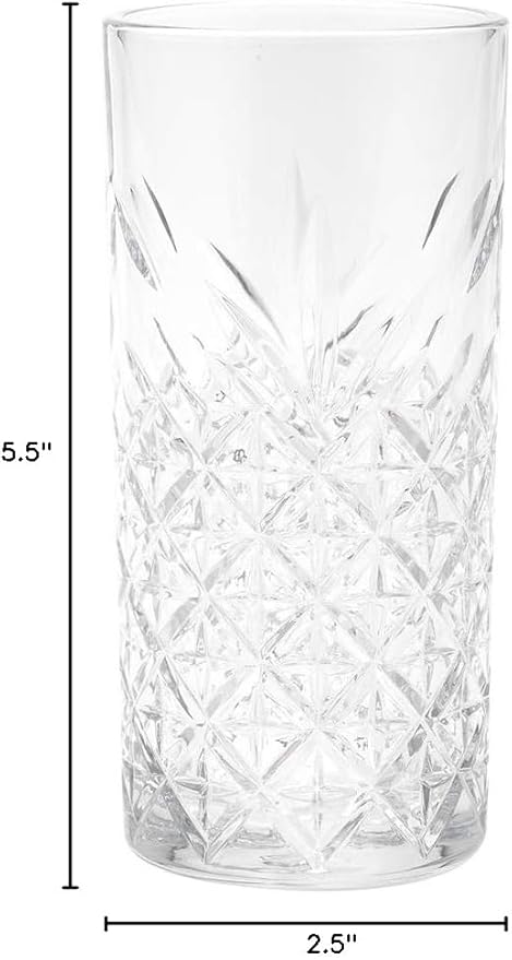 Restaurantware Timeless 10 Ounce Highball Glasses Set of 12 Etched Drinking Glasses - Dishwasher-Safe Chip-Resistant Clear Glass Water Glasses Lead-Free For Juices Or Cocktails