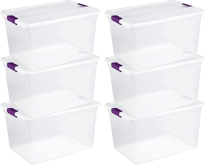 Sterilite Clear Plastic Storage Totes, 6 Pack 64 Quart and 6 Pack 66 Quart Bins with Lids