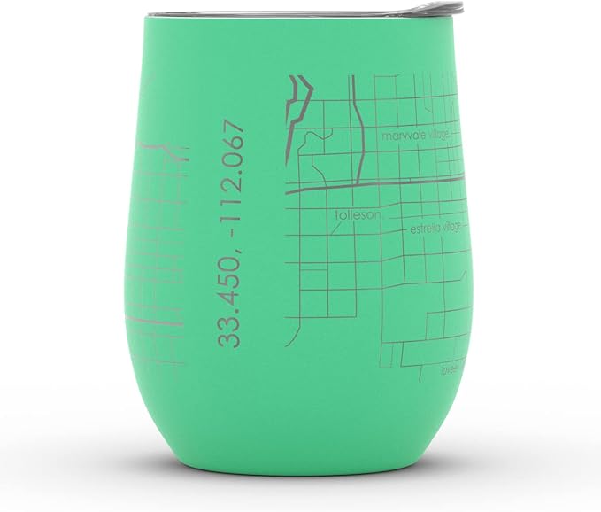 Well Told Engraved Phoenix Arizona Map Insulated Wine Tumbler, Etched Stainless Steel Cup (12 oz, Sunday Green) City Map Insulated Tumbler, Custom Insulated Tumbler, Outdoor Drinkware
