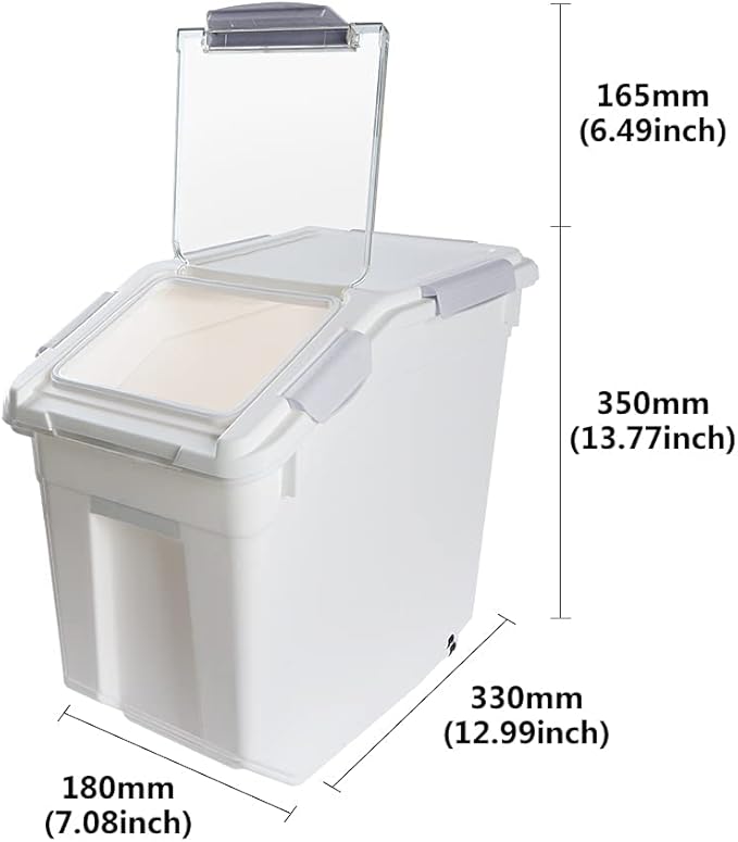 Airtight Flour Storage Container 25 lb Rice Storage Container with Wheels Seal Locking Lid, Food Containers with Measuring Cup& Scoop for Flour, Rice, Grain, Gray, 2Pack