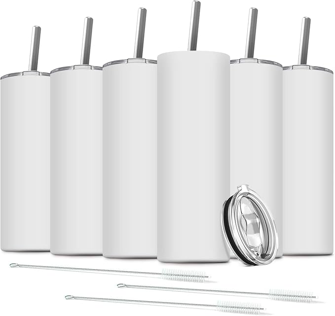 6 Pack Stainless Steel Skinny Tumbler, 20 OZ Double-Insulated Water Tumbler Cup with 6 Straw and 3 Brush, Vacuum Travel Mug Gift for Hot Cold Drinks with Cleaning(White)