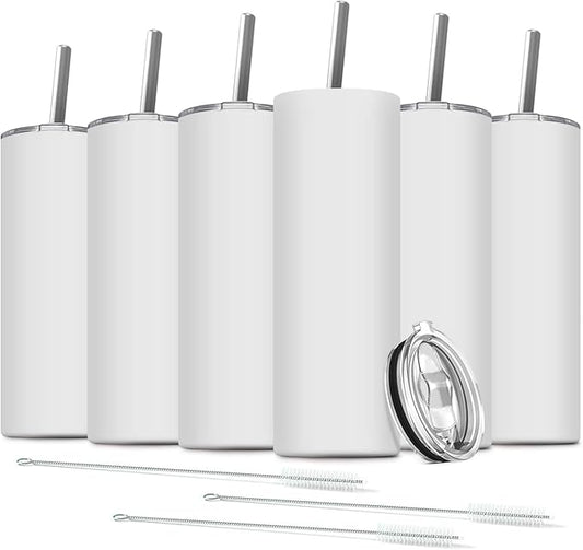 6 Pack Stainless Steel Skinny Tumbler, 20 OZ Double-Insulated Water Tumbler Cup with 6 Straw and 3 Brush, Vacuum Travel Mug Gift for Hot Cold Drinks with Cleaning(White)
