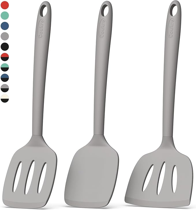 Coukre 3 Pack Silicone Spatula Set, High Heat Resistant, BPA-Free, Fish Spatula, Solid & Slotted Turner for Non-Stick Pans, Flipping Eggs, Pancakes, Fish, Burgers (3, Classic Grey)