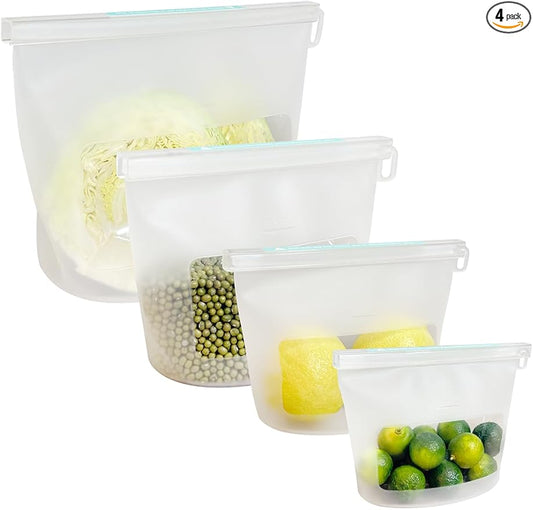 Reusable Silicone Food Storage Bags 4-Pack with 1 Sandwich, 1 Lunch, 1 Half-Gallon and 1 Gallon, Multi-Use & Sous Vide Stand-Up Container for Soup and Leftovers, Microwave, Dishwasher and Freezer Safe