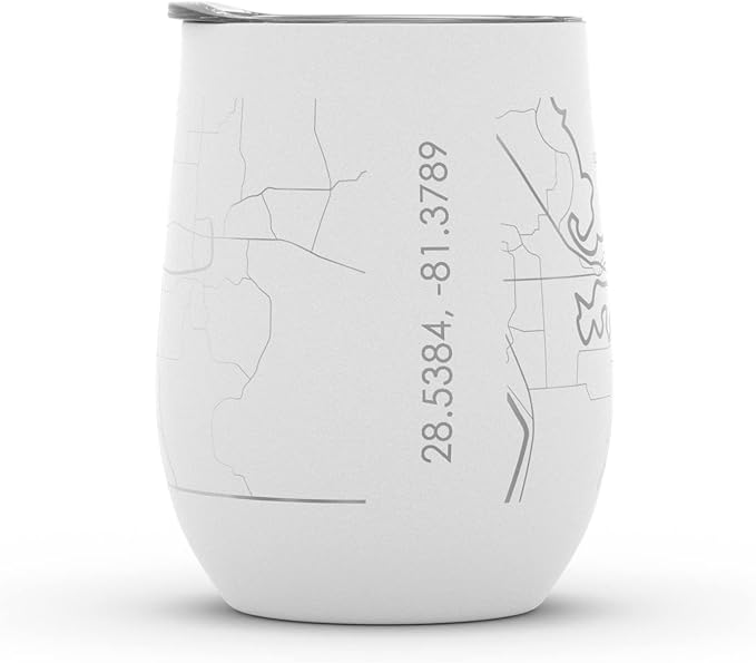 Well Told Engraved Orlando Florida Map Insulated Wine Tumbler, Etched Stainless Steel Wine Tumbler (12 oz, White) City Map Insulated Tumbler, Custom Insulated Tumbler, Outdoor Drinkware