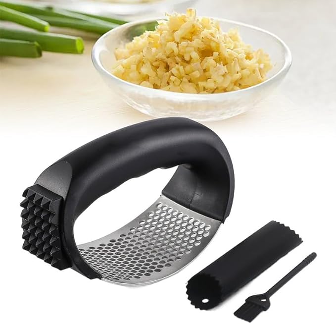 Upgraded Garlic Press Rocker, 2024 New Stainless Steel Garlic Presser, Garlic Mincer Crusher Masher with Peeler and Cleaning Brush, Garlic Chopper for Smash Garlic Kitchen Gadgets Tools (Black)