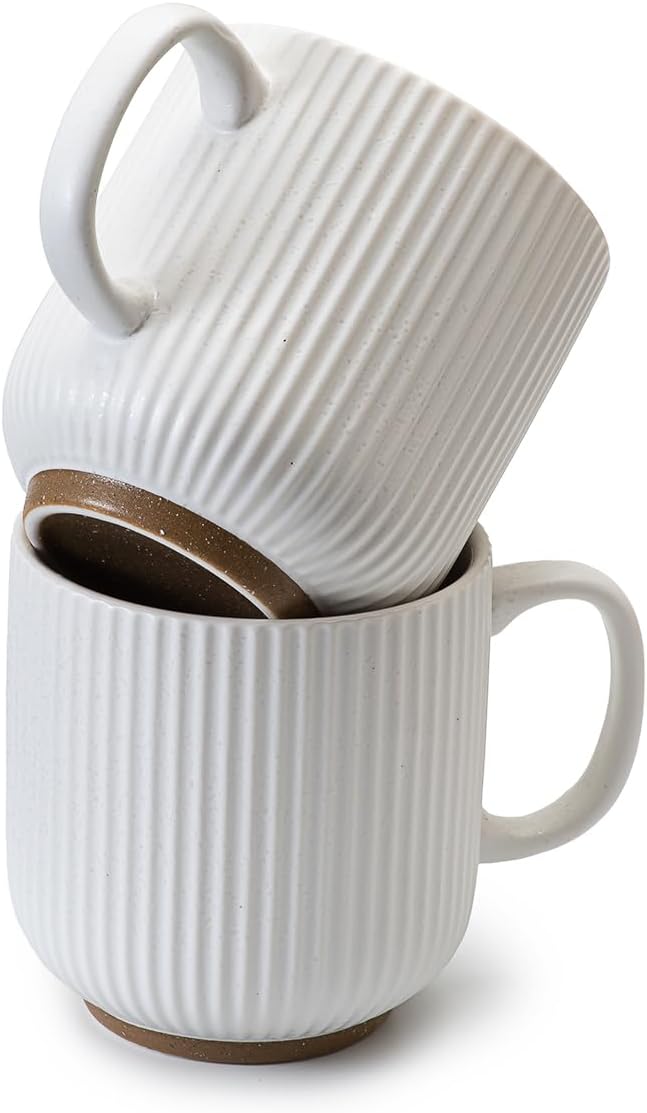 Black and White Ceramic Coffee Mugs Set of 4 (12 oz) Large Ceramic Coffee Cups Set Ribbed Coffee Mugs Set, Big Mugs Set with Handle Suitable for Latte, Cappuccino, Milk, Cocoa, Tea, Juice