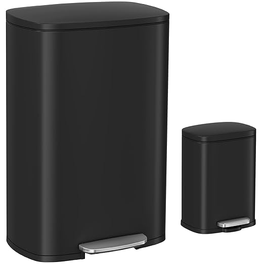 Arlopu 13.2+1.3 Gallon Step Trash Can, Stainless Steel Garbage Bin, Soft-Close Rubbish Bin with Removable Plastic Inner Bucket, Fingerprint-Proof, Lid Dustbin, for Kitchen Home (Black)
