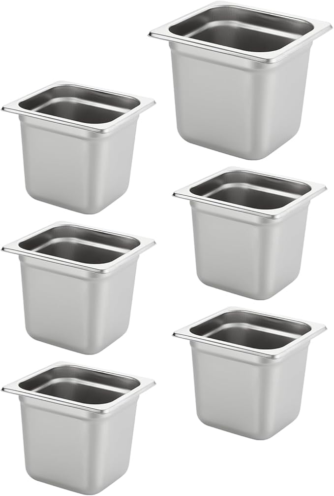 HECMAC 6 Pack Anti-Jam Hotel Pans, 1/6 Size 6 Inch Deep, Commercial Stainless Steel Chafing Steam Table Pan, Catering Storage Metal Food Pan, 23 Gauge