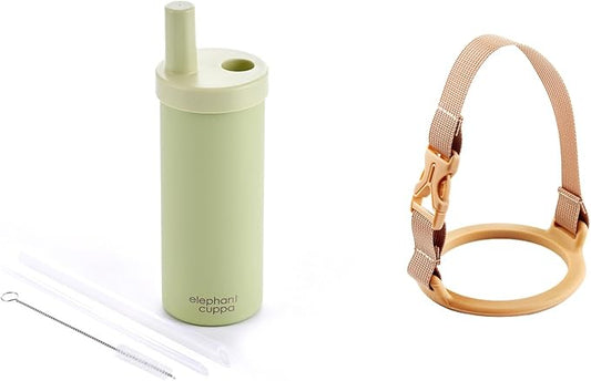 24 oz Insulated Tumbler S – Green | Leak-Proof SUS316 Steel with 2 Straws + Silicone Carry Strap – Apricot | Reusable Water Bottle for Travel, School, Outdoors