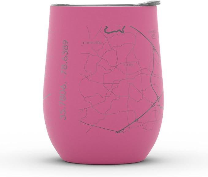 Well Told Engraved Raleigh North Carolina Map Insulated Wine Tumbler, Etched Stainless Steel Cup (12 oz, Sunset Pink) City Map Insulated Tumbler, Custom Insulated Tumbler, Outdoor Drinkware