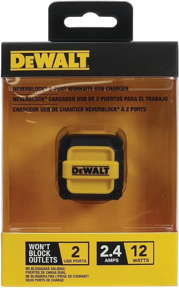 DEWALT Heavy Duty NeverBlock USB Charger, Angled Dual Port 12W Wall Charger Adapter, Foldable Plug, Charging Box Brick, Cube for iPhone 17 16 15 14 13 Pro Max, Galaxy S22 S21 Note 20, HTC, Moto, LG