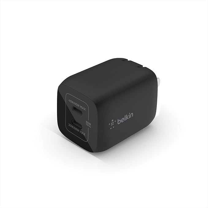Belkin Dual USB C Charger Block 65W, Super Fast Charging PD 3.0 w/GaN - Samsung Galaxy S25, Apple iPhone 17, Air, Pro, Pro Max, iPad, MacBook, AirPods, Apple Watch, & More - Black