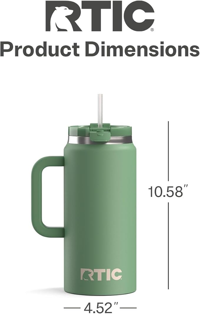 RTIC 64oz Road Trip Tumbler with Handle, Lid and Straw, Ceramic Lined, Insulated, Stainless Steel, Double Wall Vacuum-Insulation, Travel Cup, Sage