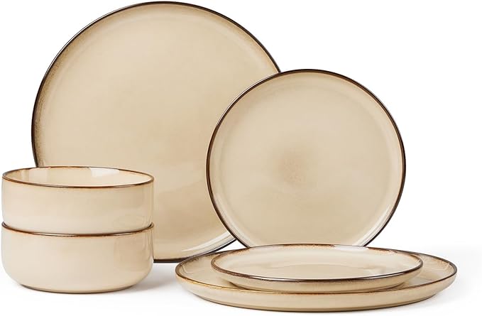 Herogo Stoneware Plates and Bowls Sets for 2, 6 Pieces Modern Round Dinnerware, Reactive Glaze Dishes Set for Kitchen, Chip Resistant, Microwave & Dishwasher Safe, Cream Khaki
