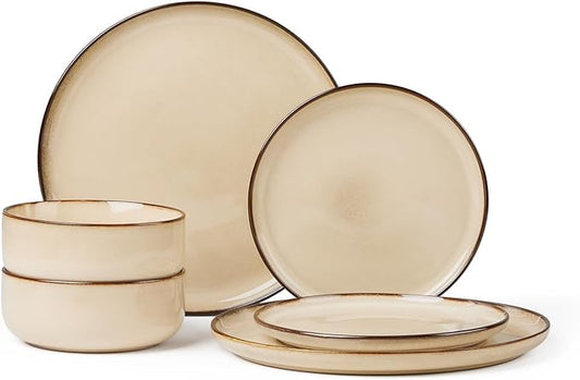 Herogo Stoneware Plates and Bowls Sets for 2, 6 Pieces Modern Round Dinnerware, Reactive Glaze Dishes Set for Kitchen, Chip Resistant, Microwave & Dishwasher Safe, Cream Khaki
