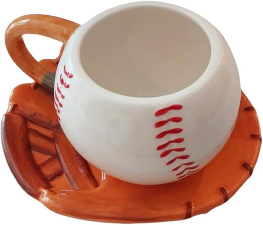 Ceramic Large Coffee Mug and Saucer set, 3D Handmade and Hand-painted Baseball and Gloves Design Tea Mug, 12oz