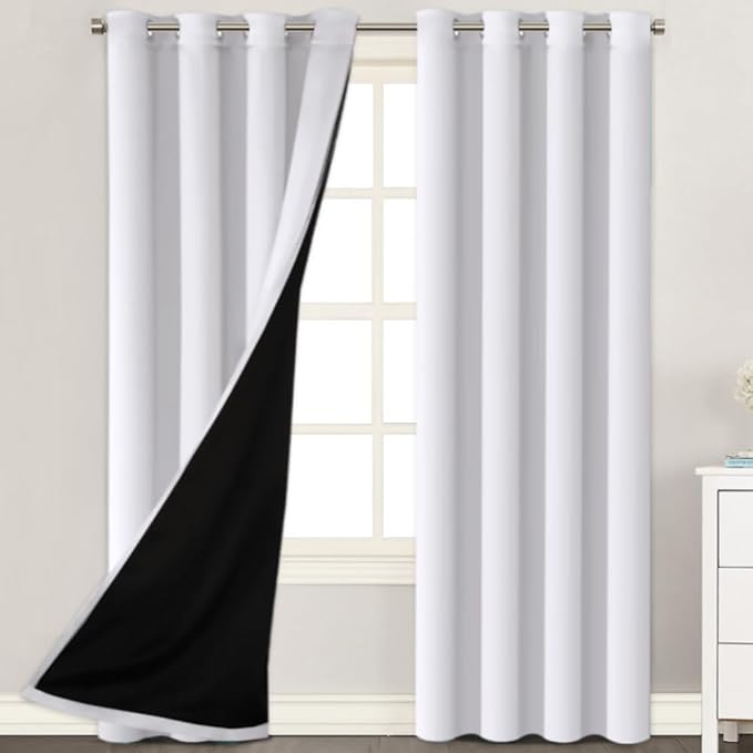 H.VERSAILTEX 100% Blackout Curtains 84 inches Long Noise Blocking Out Drapes for Bedroom Thermal Insulated Guest Room Lined Window Dressing, 2 Panels, 52 x 84 inch, White Front with Black Liner