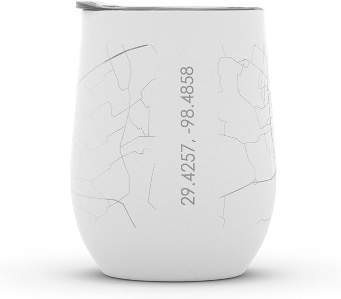 Well Told Engraved San Antonio Texas Map Insulated Wine Tumbler, Etched Stainless Steel Wine Tumbler (12 oz, White) City Map Insulated Tumbler, Custom Insulated Tumbler, Outdoor Drinkware