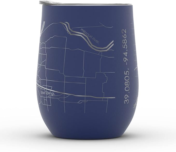 Well Told Engraved Kansas City Missouri Map Insulated Wine Tumbler, Etched Stainless Steel Cup (12 oz, Midnight Blue) City Map Insulated Tumbler, Custom Insulated Tumbler, Outdoor Drinkware