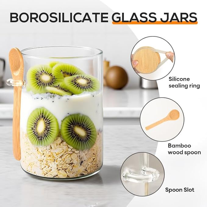 Glass Storage Containers with Lids and Spoons for Overnight Oatmeal, 16oz Meal Prep Food Jars with Bamboo Lids for Chia Seed Pudding, Yogurt, Coffee Beans, Salad (Set of 4)