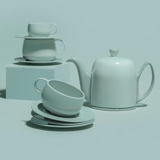 Degrenne Salam Luxury French Tea Pot - Porcelain Teapot with Stainless Steel Cover, Ceramic Tea Kettle for Loose Tea, Removable Infuser, 6 Cup Capacity, 36oz - Monochrome Black
