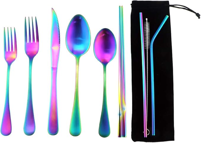 Rainbow Reusable Utensils with Case Camping Travel Silverware Set,Portable Stainless Steel Cutlery Set - Matte Flatware Set Knife Fork Spoon Mirror Straws Chopsticks - for Office Lunch, Hiking,School