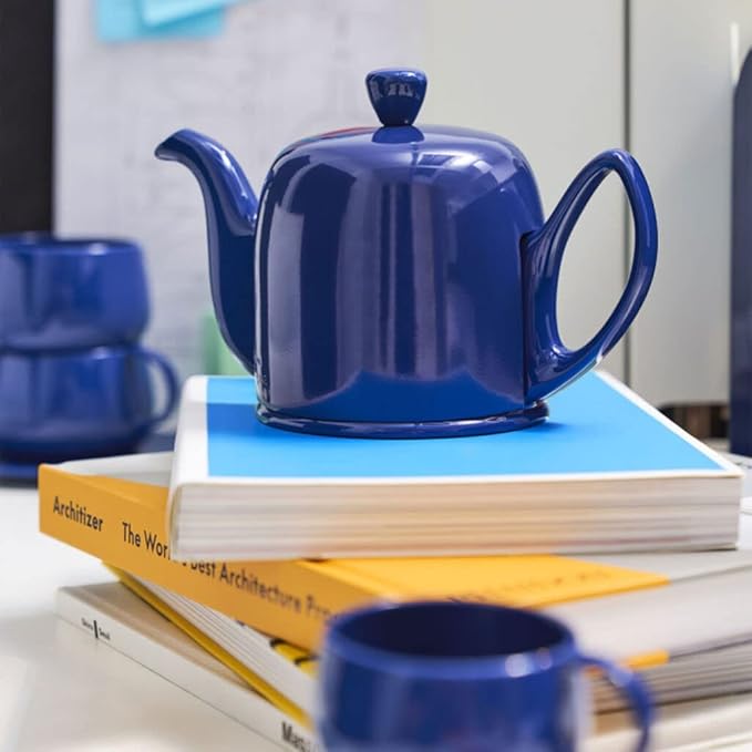 Degrenne Salam Luxury French Tea Pot - Porcelain Teapot with Stainless Steel Cover, Ceramic Tea Kettle for Loose Tea, Removable Infuser, 6 Cup Capacity, 36oz - Monochrome Blue