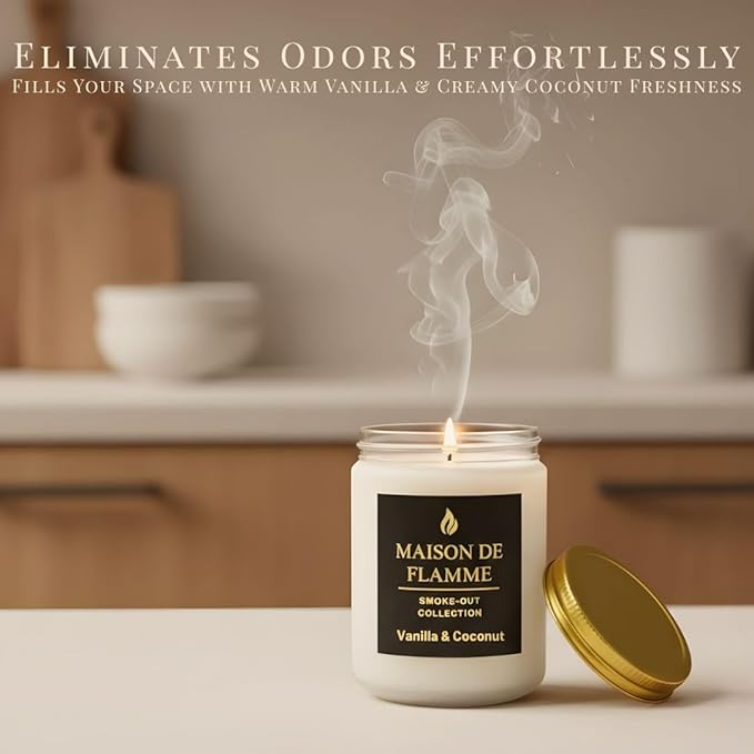 Vanilla & Coconut Odor-Eliminating Scented Candle (White Jar, 200g/7oz) | Long-Lasting Premium Soy Wax Candle for Smoke, Kitchen & Pet Odors