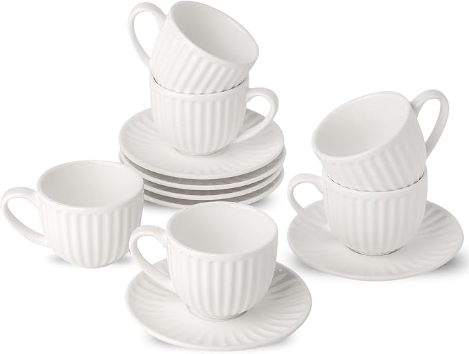Hasense 4 Oz Espresso Cups with Saucers Set of 6, Ribbed Cappuccino Cups Ceramic for Coffee,Espresso,Double shot,Latte and Macchiato, Demitasse Cups Set Aesthetic Gift, White