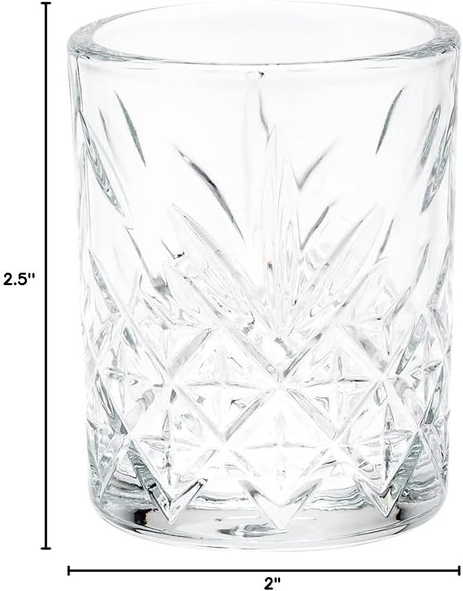 Restaurantware Timeless 2 Ounce Shot Glasses Set of 6 Etched Vintage Shot Glasses - Dishwasher-Safe Chip-Resistant Clear Glass Shot Glass Set Lead-Free For Whiskey Tequila or Vodka