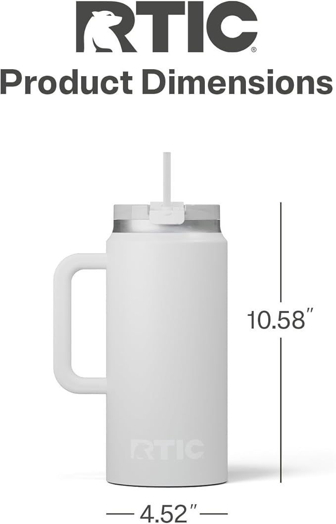 RTIC 64oz Road Trip Tumbler with Handle, Lid and Straw, Ceramic Lined, Insulated, Stainless Steel, Double Wall Vacuum-Insulation, Travel Cup, Cool Grey
