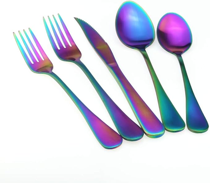 Rainbow Reusable Utensils with Case Camping Travel Silverware Set,Portable Stainless Steel Cutlery Set - Matte Flatware Set Knife Fork Spoon Mirror Straws Chopsticks - for Office Lunch, Hiking,School