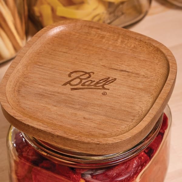 Ball Stack & Store Glass Mason Jars with Wooden Lid, Used for Pantry, Cookies, Flour, Cereal, Rice, Sugar, Tea, Coffee Beans, Spices, Square, 4-Cup (Pack of 4)