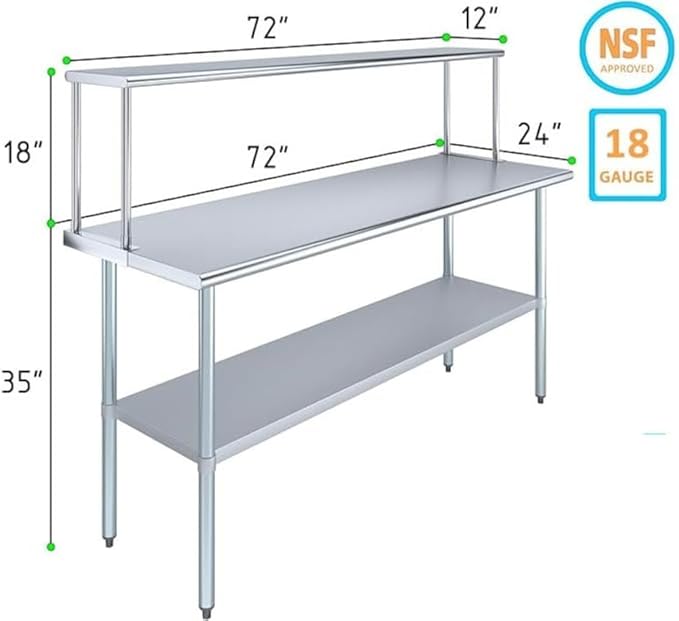 Stainless Steel Work Table with Wide Single Tier Overshelf | Metal Kitchen Prep Table & Shelving Combo (24" x 72" Work Table + 12" Overshelf)