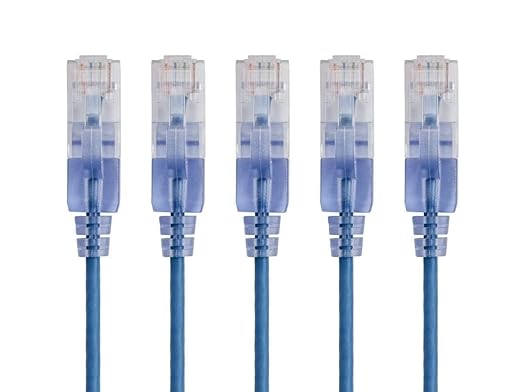 Monoprice Cat6A Ethernet Patch Cable - Snagless RJ45, 550Mhz, 10G, UTP, Pure Bare Copper Wire, 30AWG, 5-Pack, 14 Feet, Blue - SlimRun Series