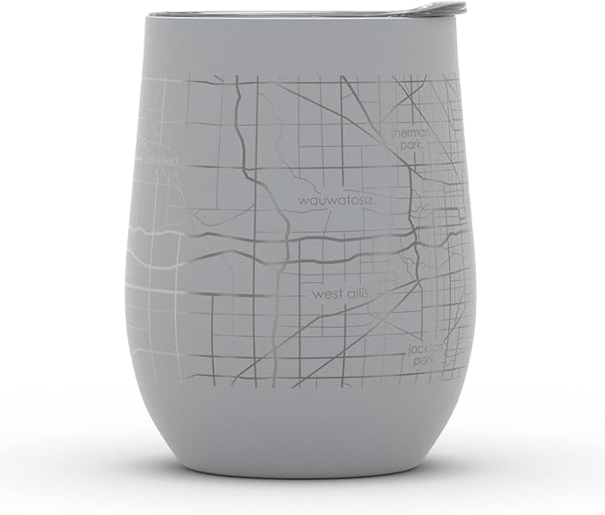 Well Told Engraved Milwaukee Wisconsin Map Insulated Wine Tumbler, Etched Stainless Steel Cup (12 oz, Dockside Gray) City Map Insulated Tumbler, Custom Insulated Tumbler, Outdoor Drinkware