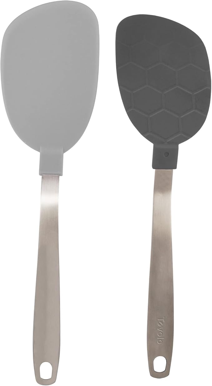 Tovolo Mini Turner Spatula with Stainless Steel Handle Set of 2 Wide Nylon Spatula for Flipping Eggs Fish Pancakes, Small Flipper Silicone Cooking Turner Charcoal & Oyster Gray