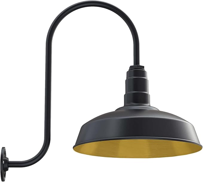 Steel Lighting Co. | Dusk to Dawn | Gardena Barn Light | Outdoor Wall Mounted | 16" Dome | Upslope Gooseneck | Farmhouse Light Made in America | Matte Black Exterior/Brass Interior