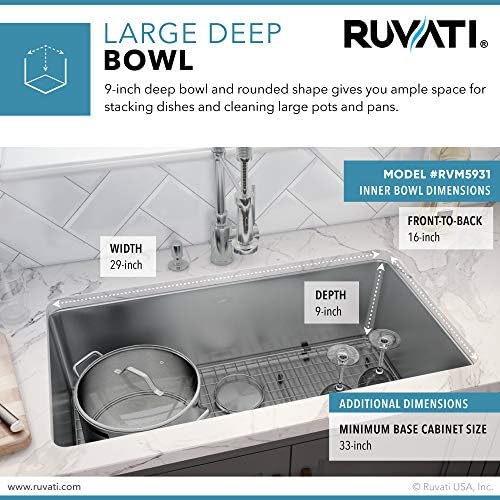 Ruvati 31-inch Undermount Kitchen Sink - 16 Gauge Stainless Steel kitchen Sink Single Bowl with Brushed Finish hides scratches, Easy-to-Clean Undermount Sinks - RVM5931