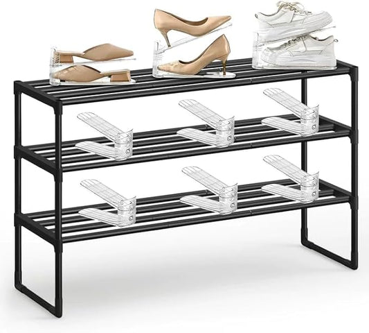 Adjustable Shoe Rack and Organizer, 9-Pack Shoe Stackers with 3-Tier Metal Shelf, Space Saving Sneaker Display Tray Holder for Closet Entryway, Upright Stackable Storage, Black