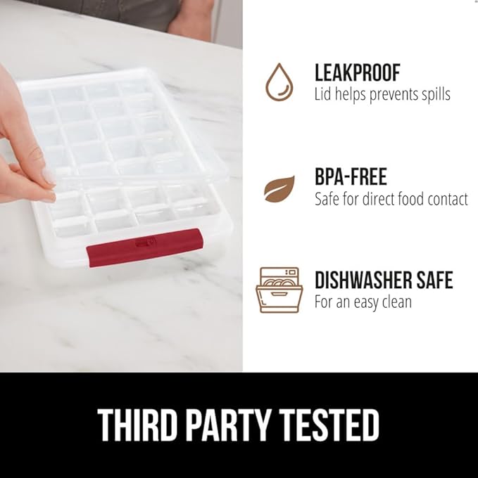 GORILLA GRIP BPA-Free Easy Release Stackable Ice Cube Tray for Freezer, Set Makes 56 Cubes for Cocktail Drinks, Coffee, Bucket Kit Includes 2 Leakproof Trays with Lid and Scooper, Kitchen Tool, Red