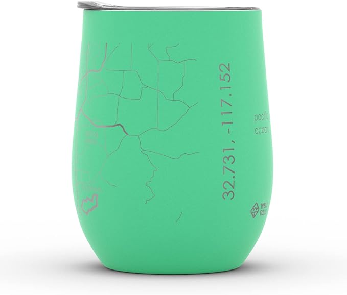Well Told Engraved San Diego California Map Insulated Wine Tumbler, Etched Stainless Steel Cup (12 oz, Sunday Green) City Map Insulated Tumbler, Custom Insulated Tumbler, Outdoor Drinkware