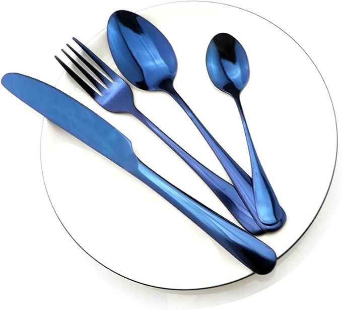 Gugrida Blue Reusable Utensils with Case, Healthy & Eco-Friendly 8 Pieces Portable Stainless Steel Flatware Tableware Dinnerware Set, Portable Travel Camping Cutlery Knife Fork Spoon Straws Set